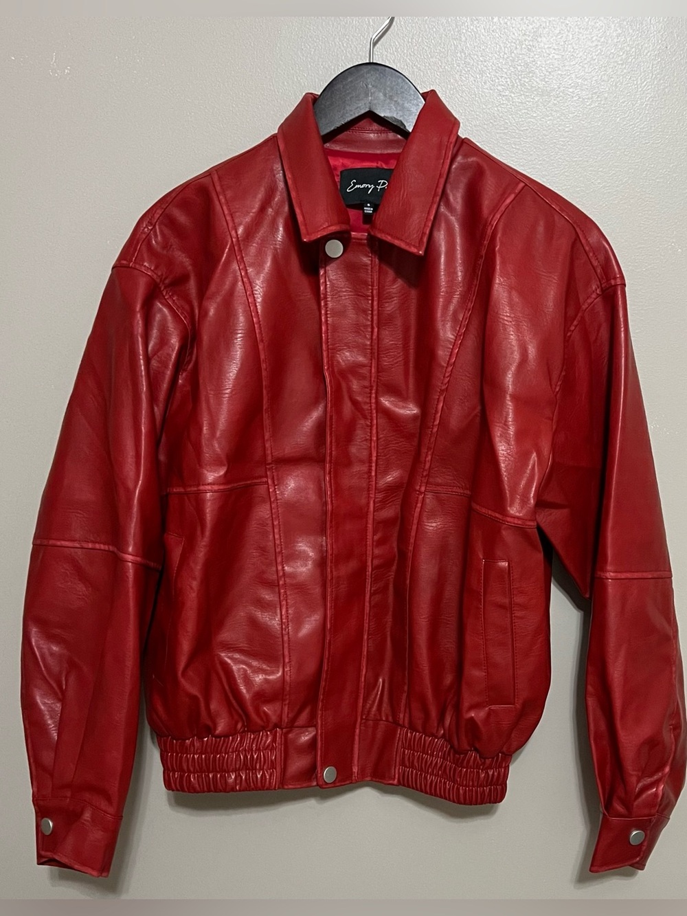 ASOS Emory Park faux leather distressed red bomber jacket fully lined Size Small